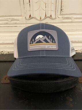 Columbia Blue and White Mountain Patch Trucker Hat